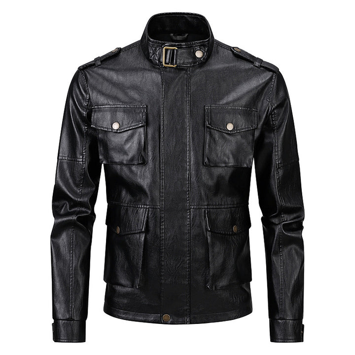 Men's military jacket made of synthetic leather with practical pockets and high collar Lisslune
