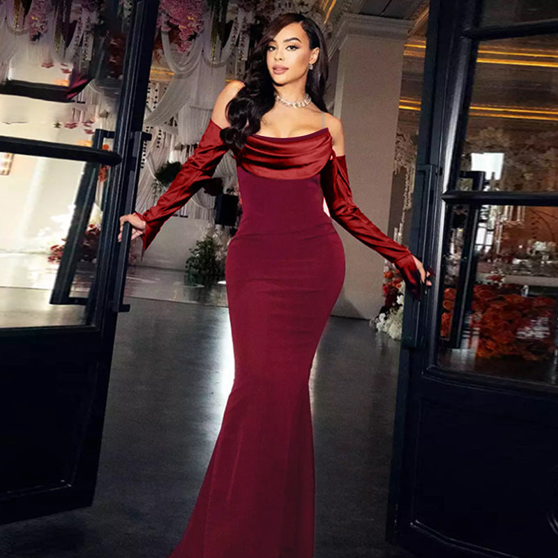 Ladies Long Sleeve Evening Dress with Elegant Waterfall Neckline and Figure-Hugging Cut