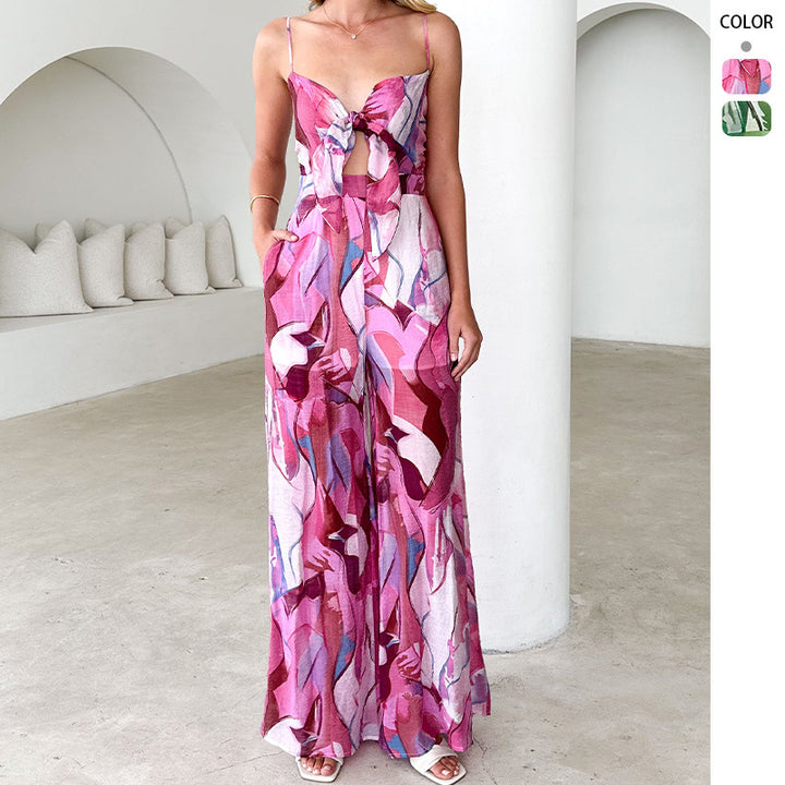 Ladies Elegant Jumpsuit with Floral Design and Adjustable Spaghetti Straps Lisslune