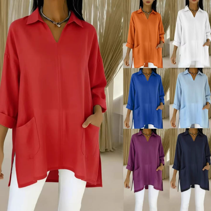 Women’s long sleeve blouse with elegant V-neck and practical pockets Lisslune