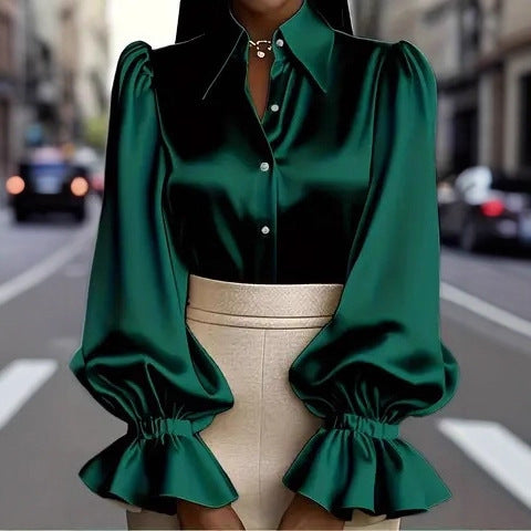 Damen elegante Seidenbluse mit Puffärmeln und schicker Knopfleiste Lisslune