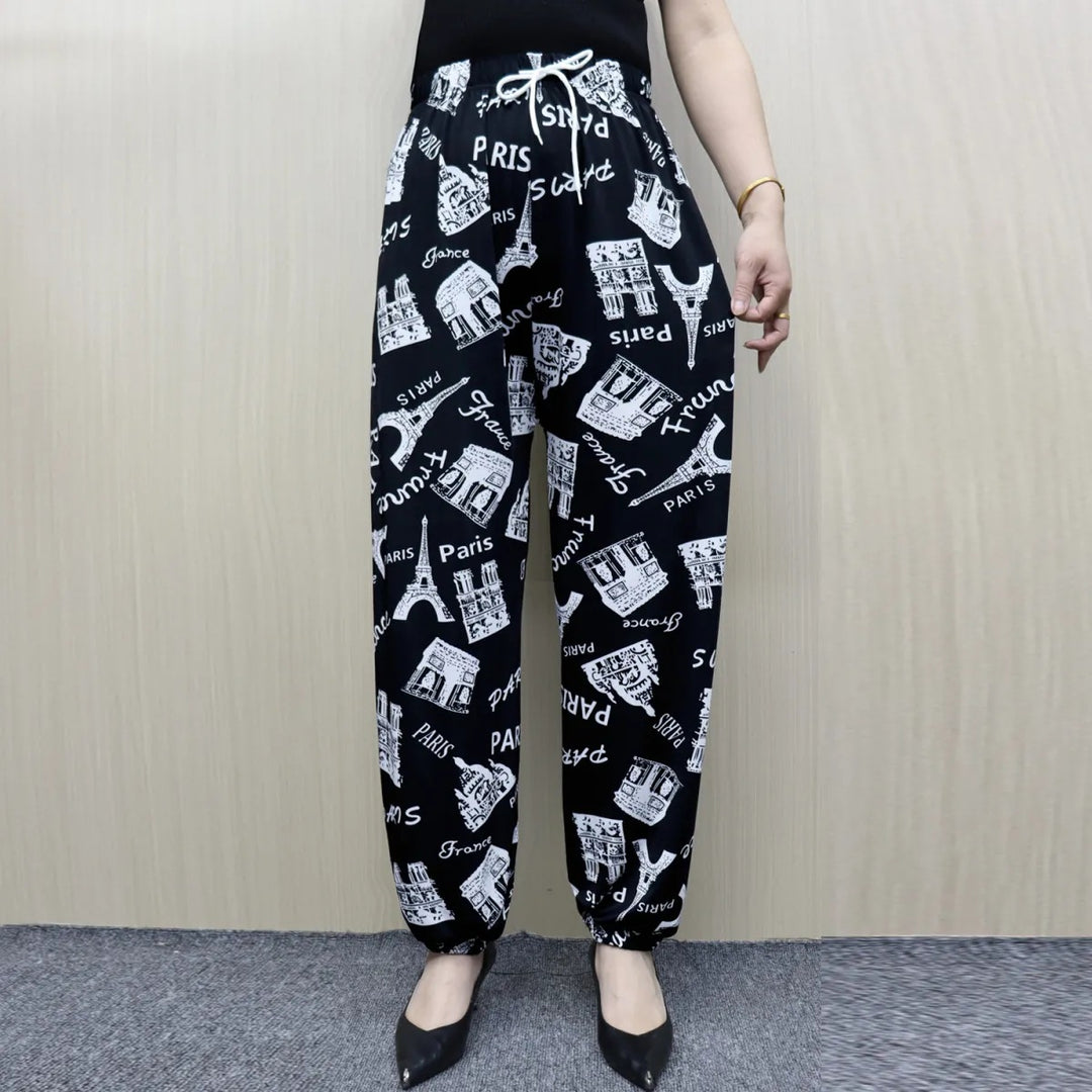 Women's Comfortable Leisure Pants with Paris Design and Elastic Waistband Lisslune