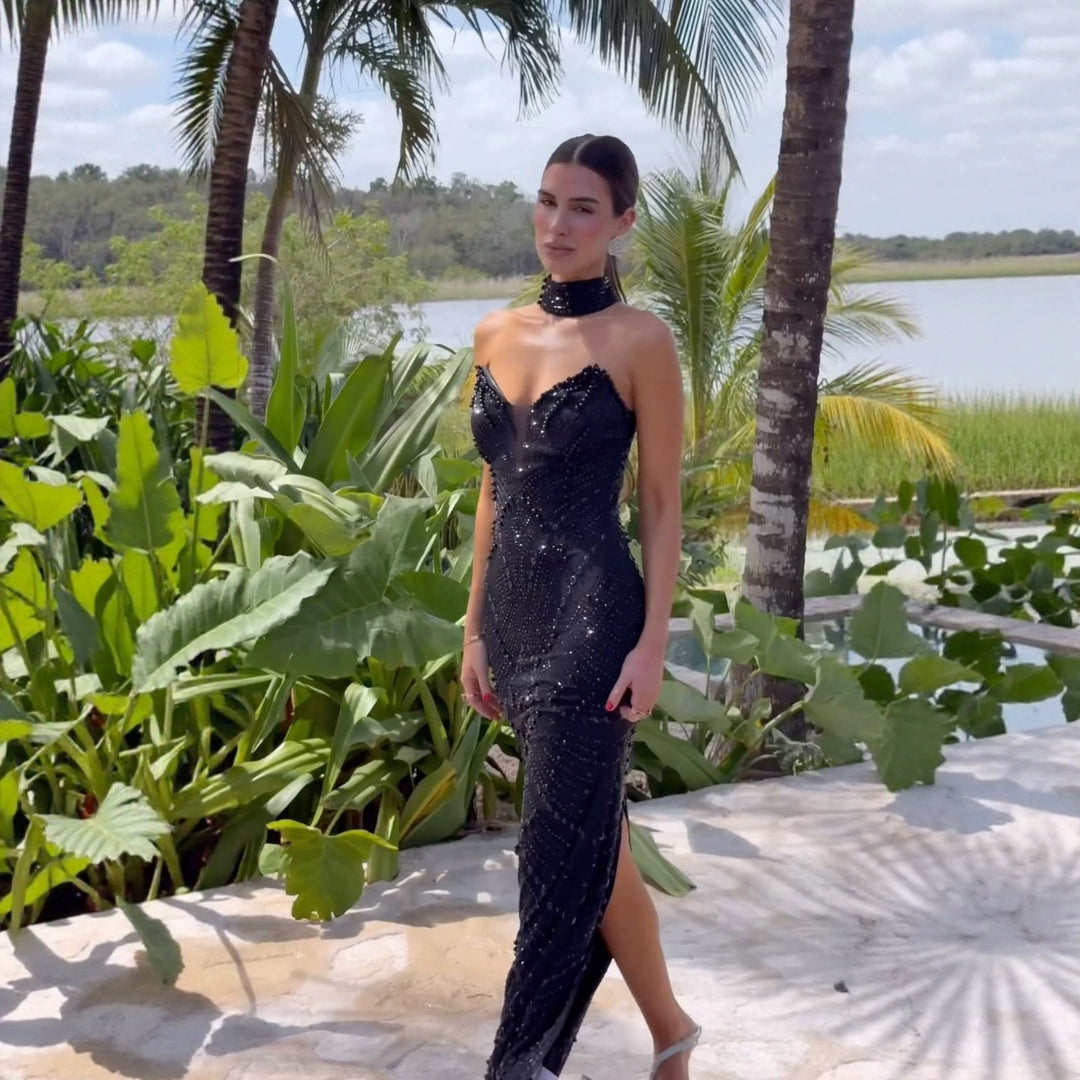 Ladies Glamorous Evening Dress with Glittering Details and Slim Fit
