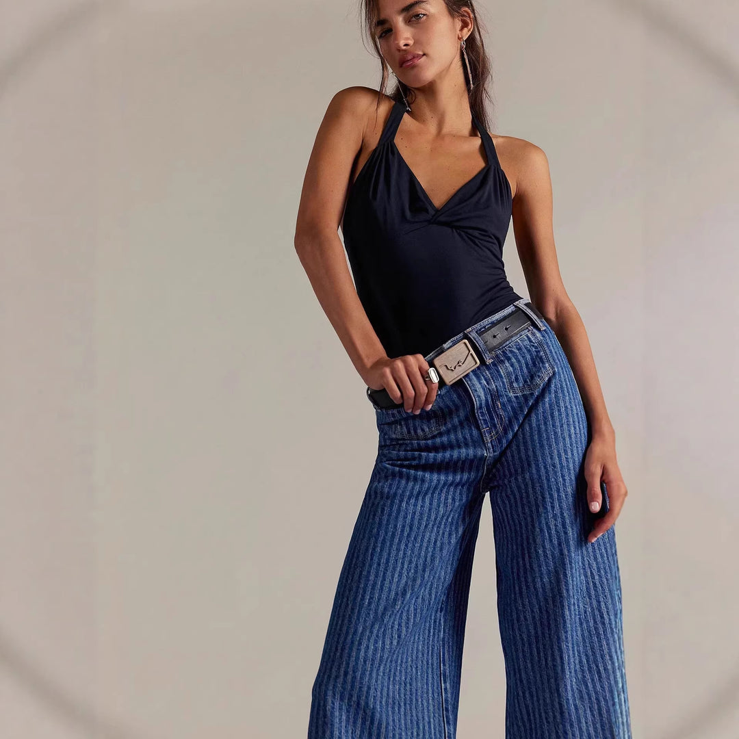 Women Elegant wide cut jeans with sewn-on stripes Lisslune
