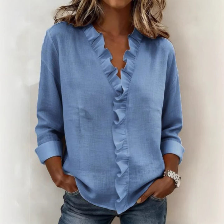 Women romantic blouse with ruffle details and V-neck Lisslune
