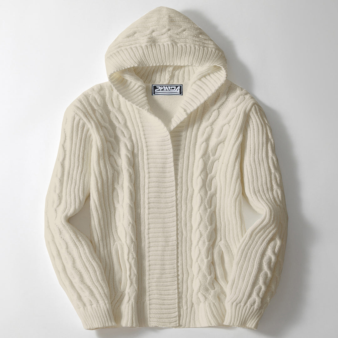 Men's chunky knit cardigan with wide collar and cable pattern Lisslune