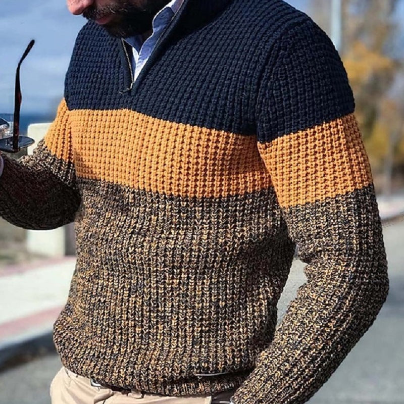 Men's Patterned Knit Sweater with Zipper and Color Block Design Lisslune