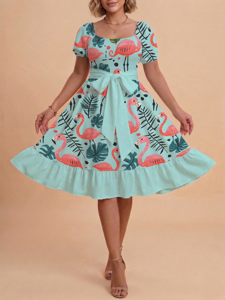 Women's Midi Dress with Elegant Floral Print and Fitted Belt Lisslune