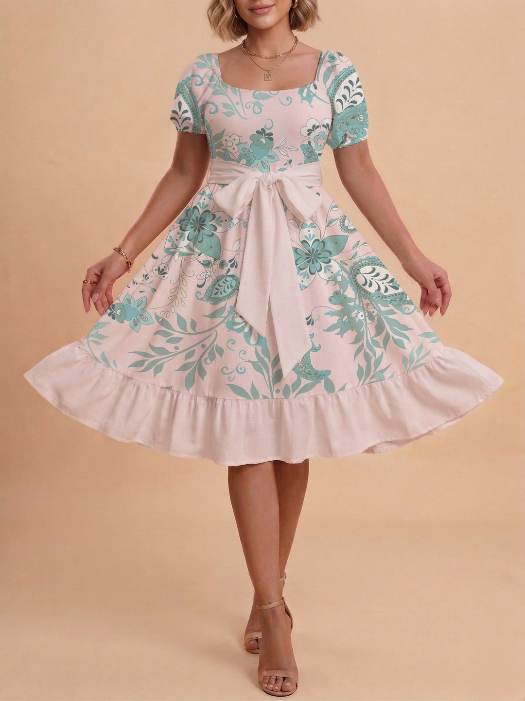 Women A-line dress with floral motifs and adjustable belt Lisslune