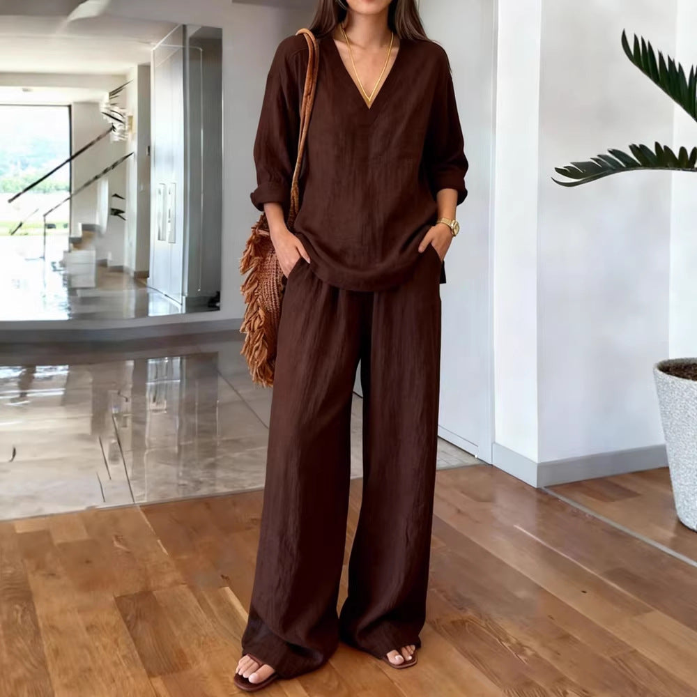Women's Lightweight Summer Pants with Loose Fit and V-Neck Shirt Lisslune