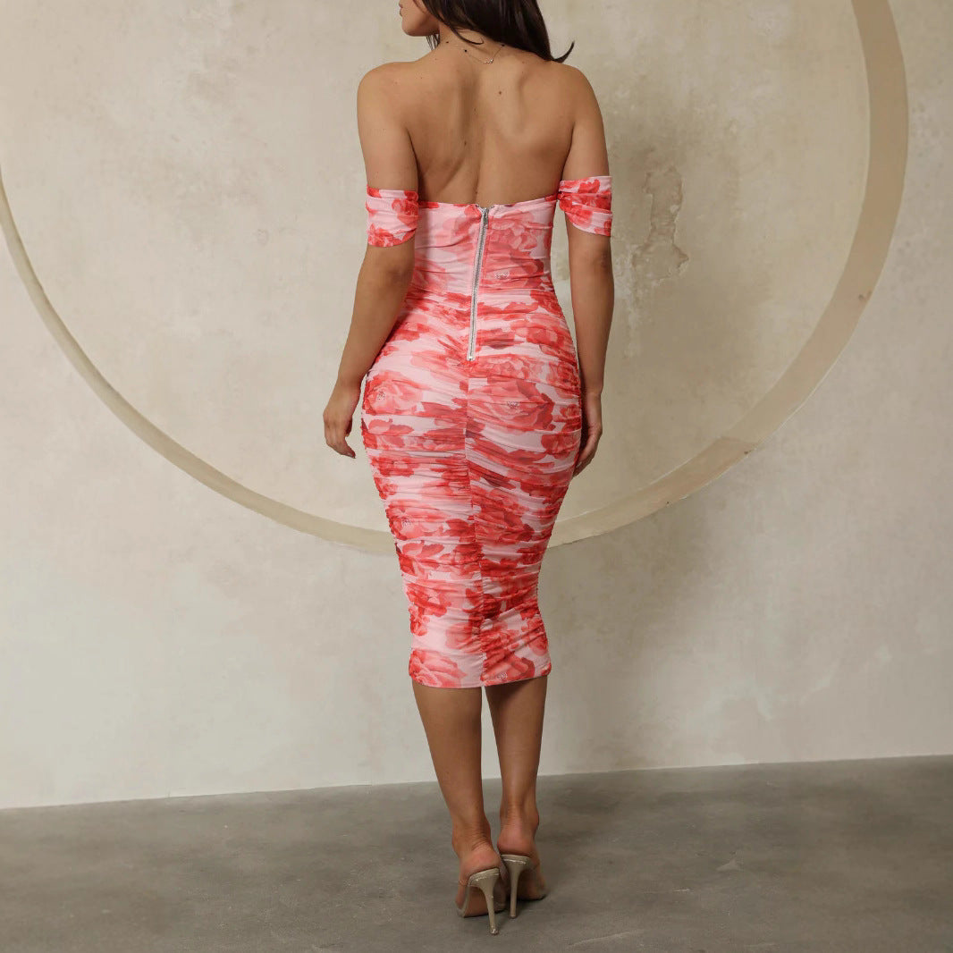Women's Body-Con Midi Dress with Off-Shoulder Design and Floral Print
