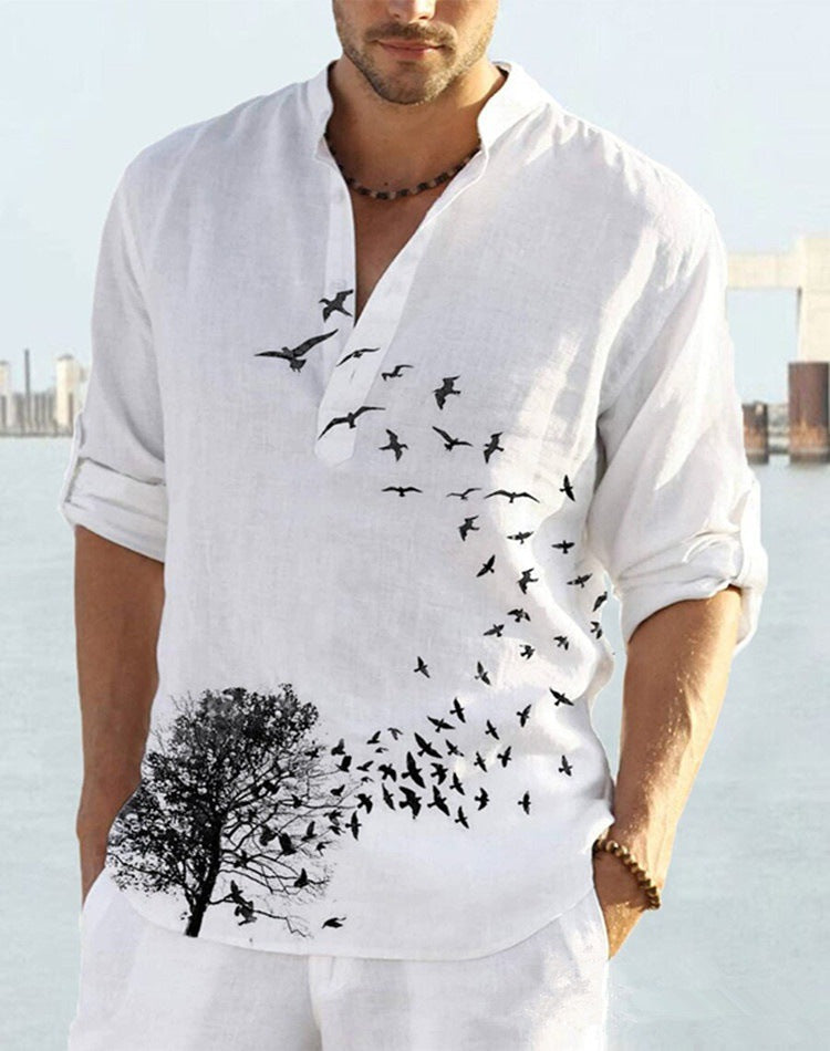 Men's linen shirt with unique feather design and button-down collar Lisslune
