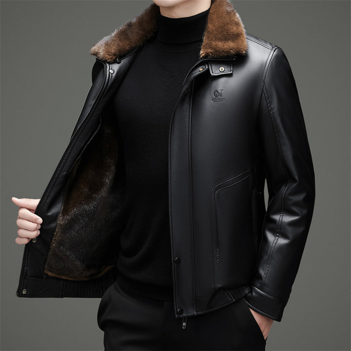 Men's Stylish Synthetic Leather Jacket with Warm Synthetic Fur Collar Lisslune