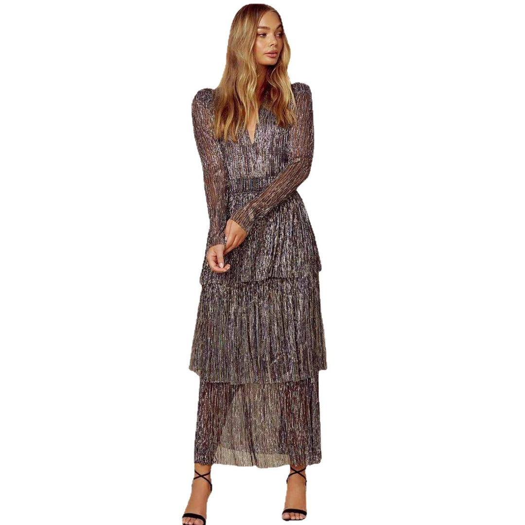 Women's Glamorous Evening Dress with Shimmering Layers and V-Neck