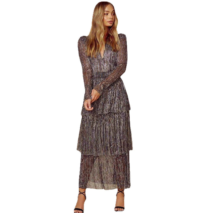 Women's Glamorous Evening Dress with Shimmering Layers and V-Neck
