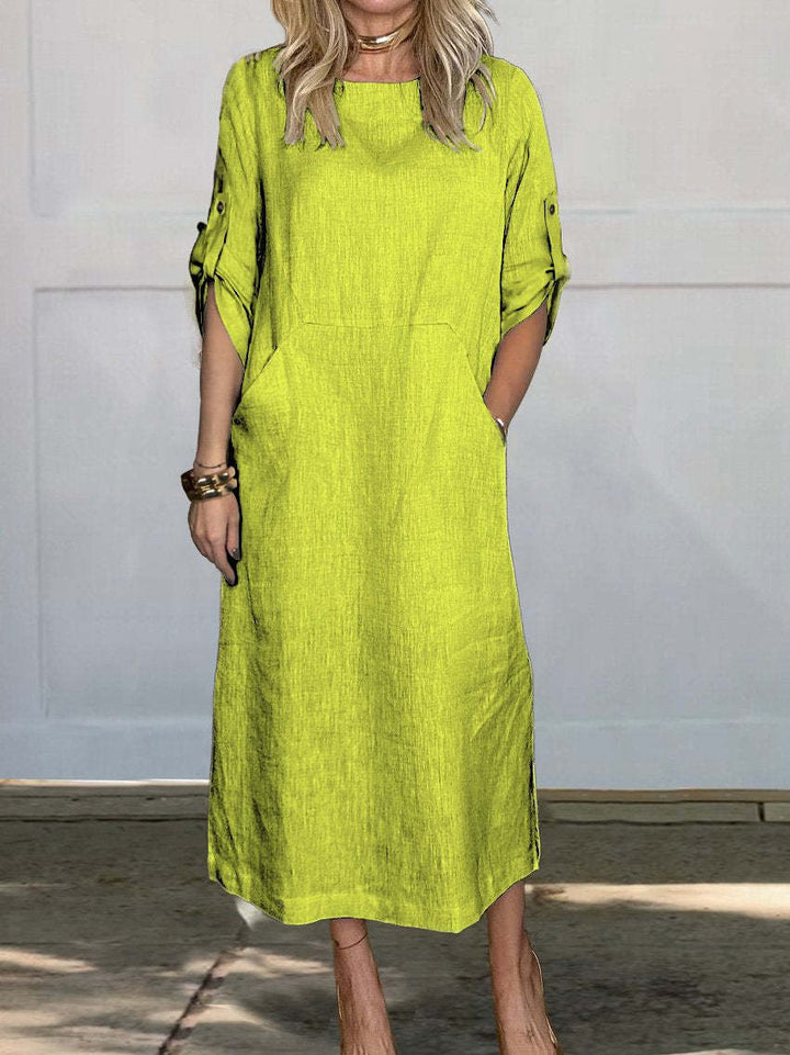 Women Casual Linen Midi Dress with Side Pockets and Roll-Up Sleeves Lisslune