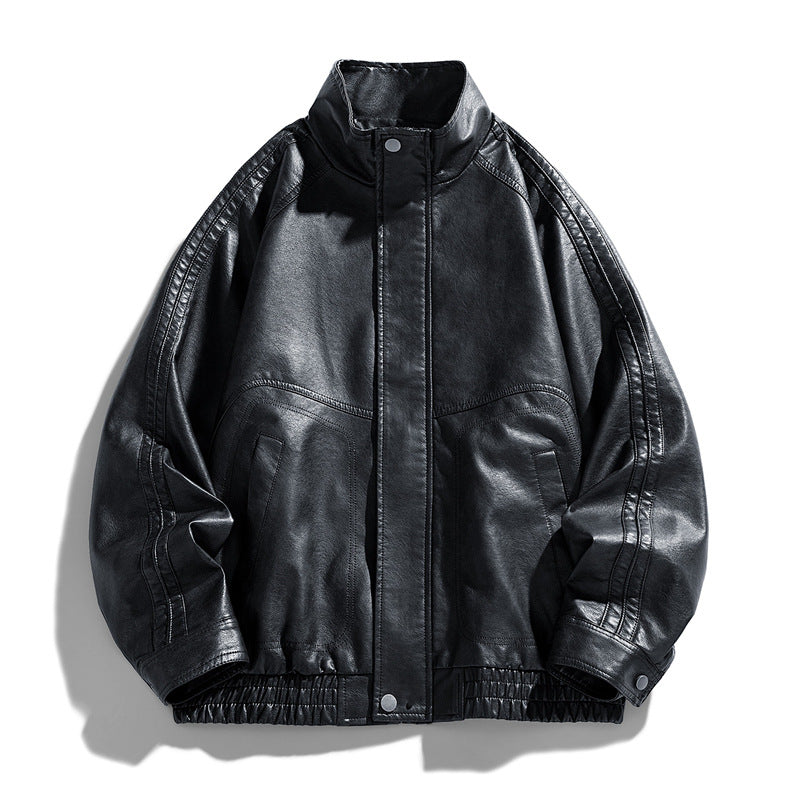 Men's Casual Synthetic Leather Jacket with High Collar and Elastic Hem Lisslune