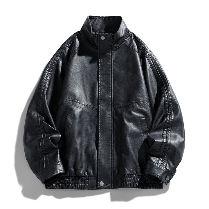 Men's Casual Synthetic Leather Jacket with High Collar and Elastic Hem Lisslune