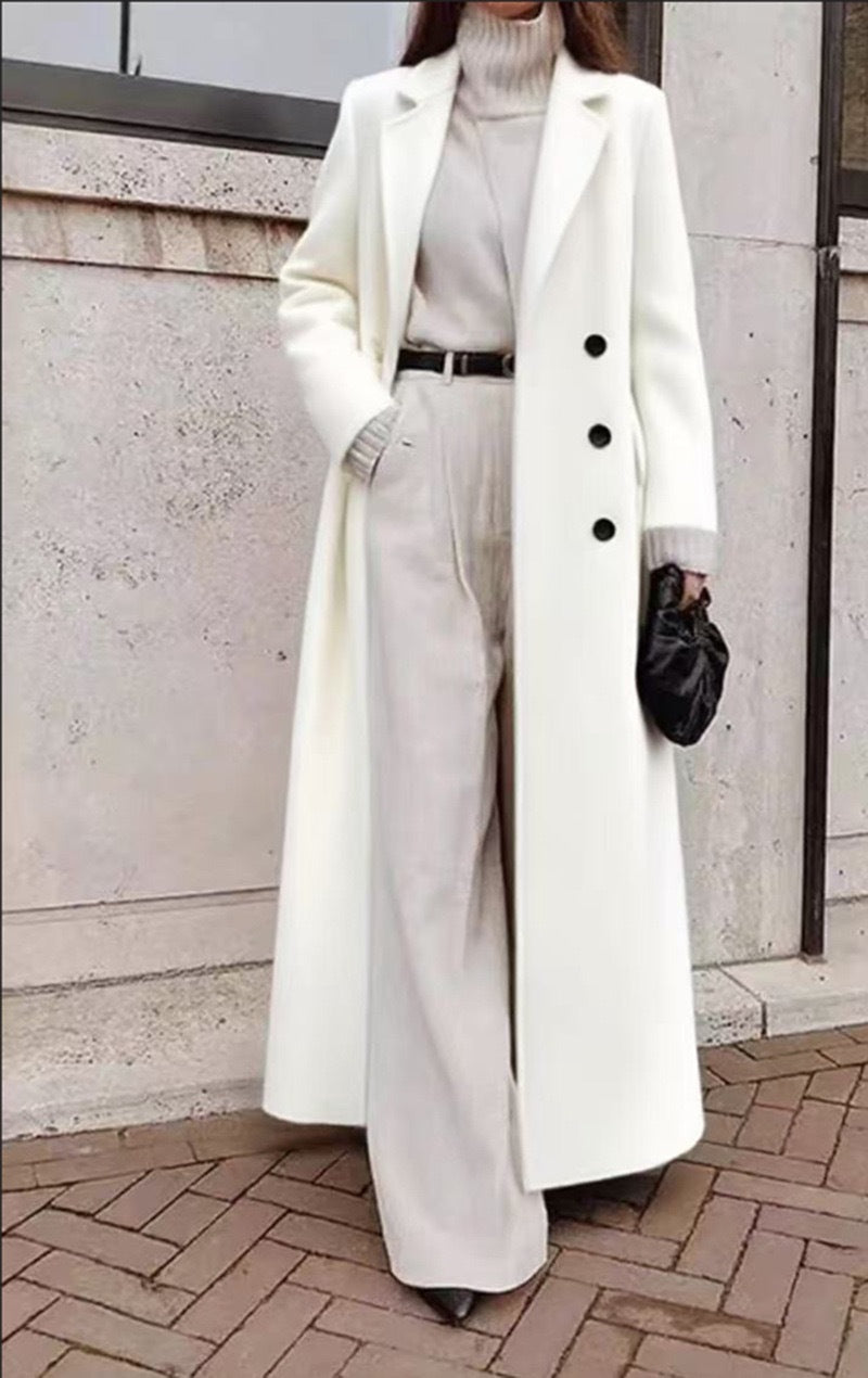 Ladies Elegant Wool Coat with Double Button Placket and Deep Pockets