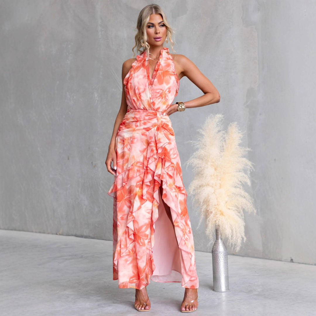 Women's maxi dress with flowing design and ruffle details