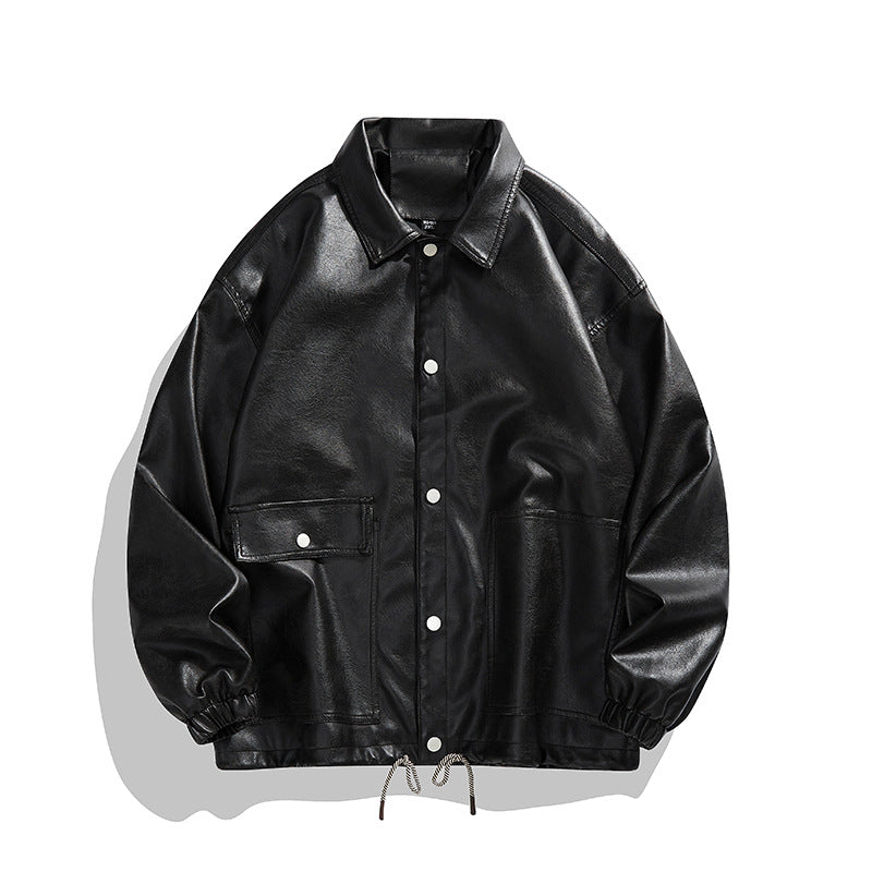 Men's Casual Synthetic Leather Jacket with Practical Snap Buttons and Elastic Waistband Lisslune