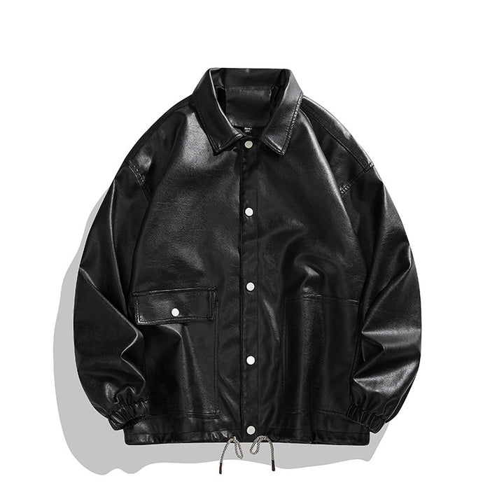 Men's Casual Synthetic Leather Jacket with Practical Snap Buttons and Elastic Waistband Lisslune