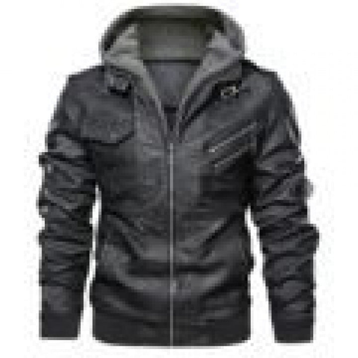 Men's synthetic leather biker jacket with detachable hood and modern zippers Lisslune