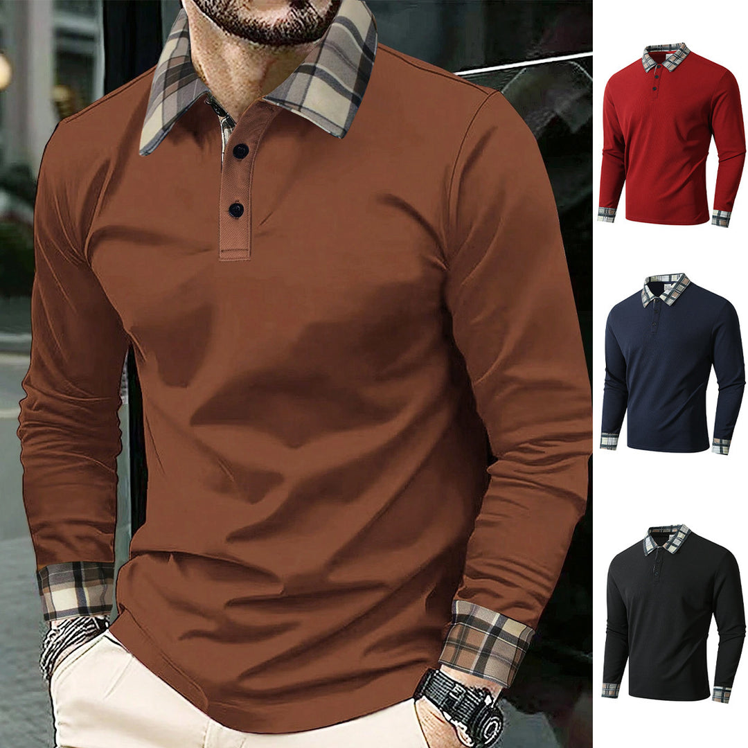 Men's Long Sleeve Polo Shirt with Stylish Check Pattern Lisslune
