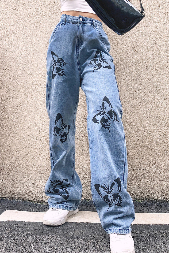 Damen weite Jeans mit auffälligem Schmetterlingsdruck Lisslune