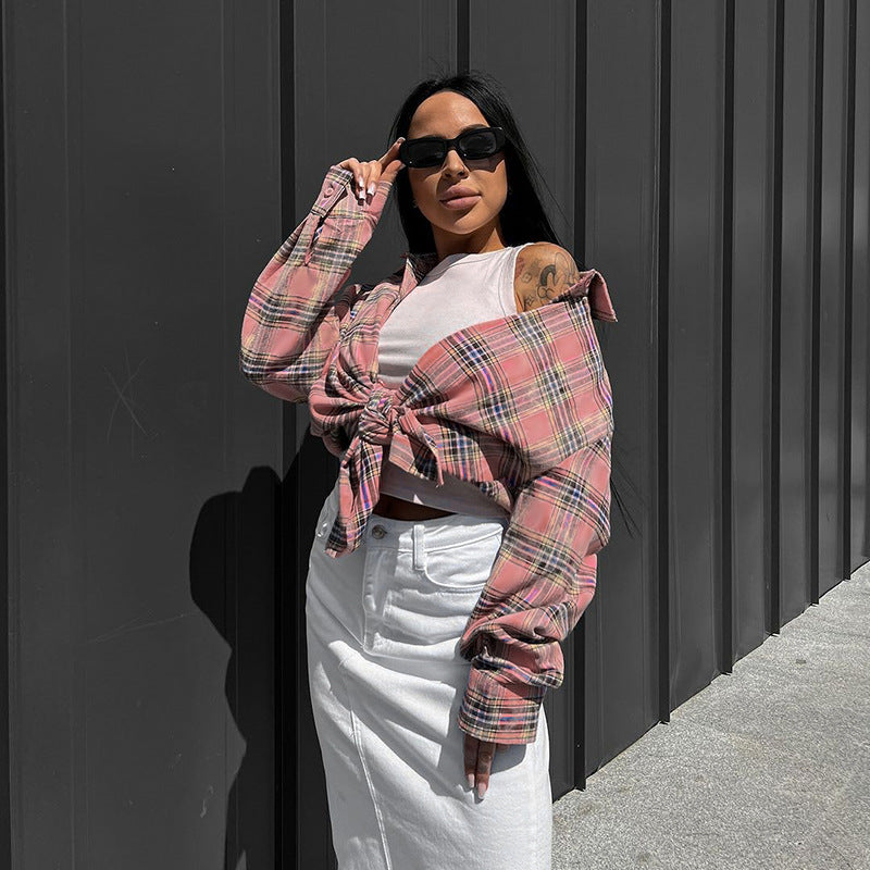 Women Check Pattern Crop Shirt with Ties and Casual Cut