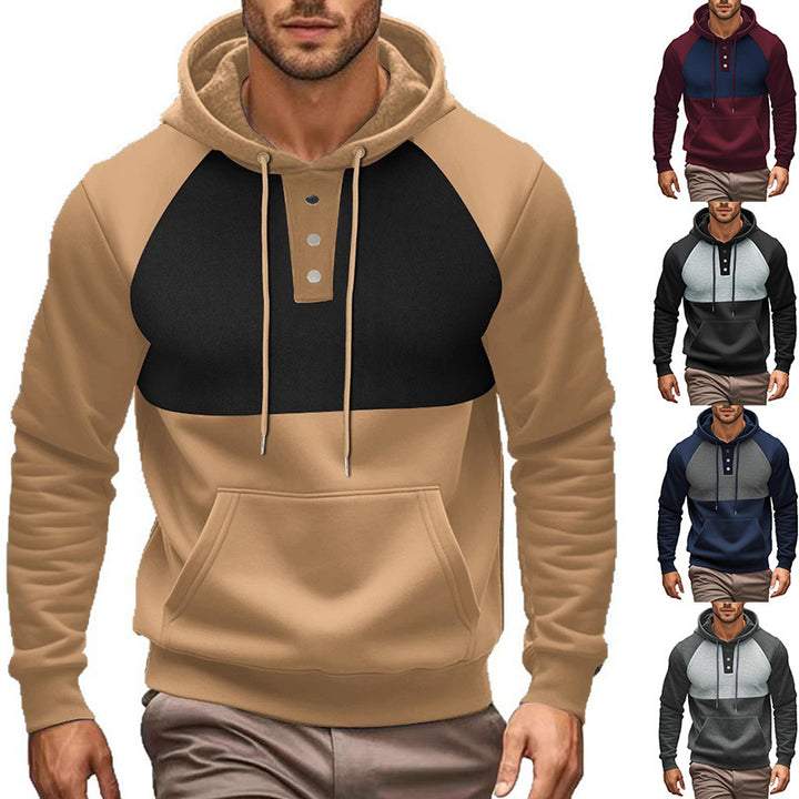 Men's stylish hoodie with contrasting color zone and practical button details Lisslune