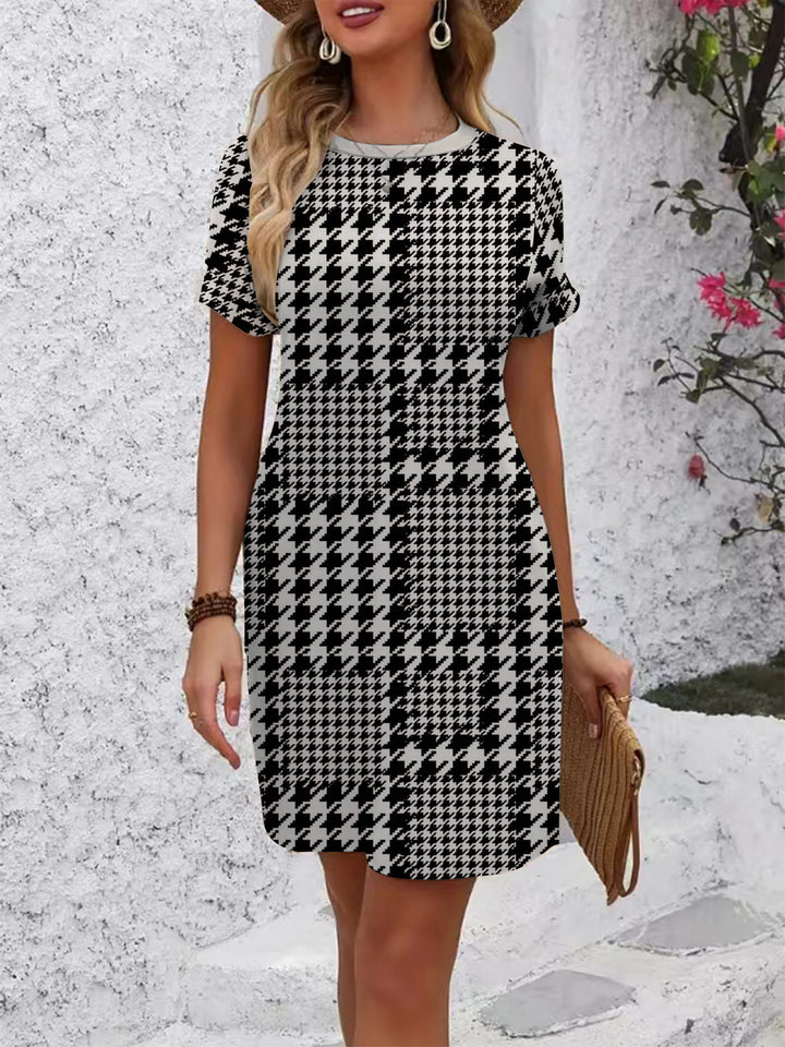Women's casual short-sleeve dress with modern houndstooth pattern and comfortable fit Lisslune