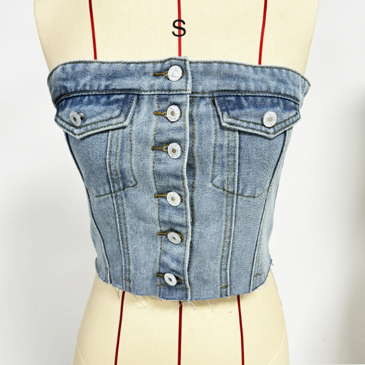 Women's Denim Bustier Top with Button Placket and Figure-Hugging Cut Lisslune