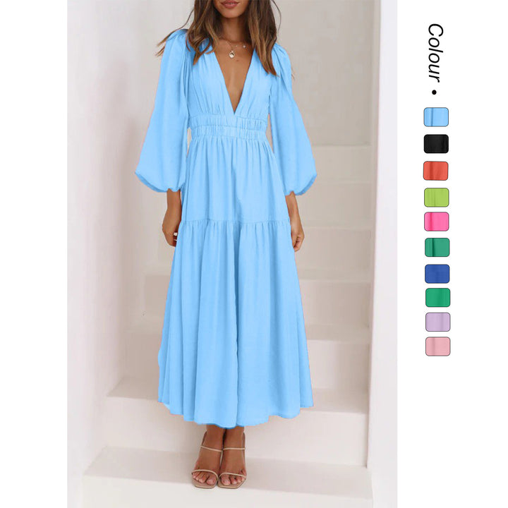 Women's long-sleeve maxi dress with deep V-neck and wide skirt Lune London
