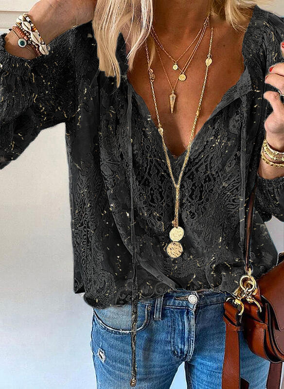 Women's elegant blouse with fine lace and deep V-neck Lisslune