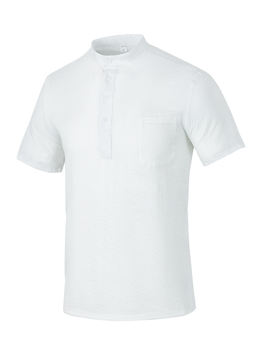 Men's Short Sleeve Shirt with Modern Stand Collar and Subtle Texture Lisslune
