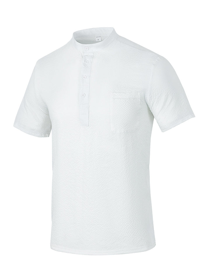Men's Short Sleeve Shirt with Modern Stand Collar and Subtle Texture Lisslune