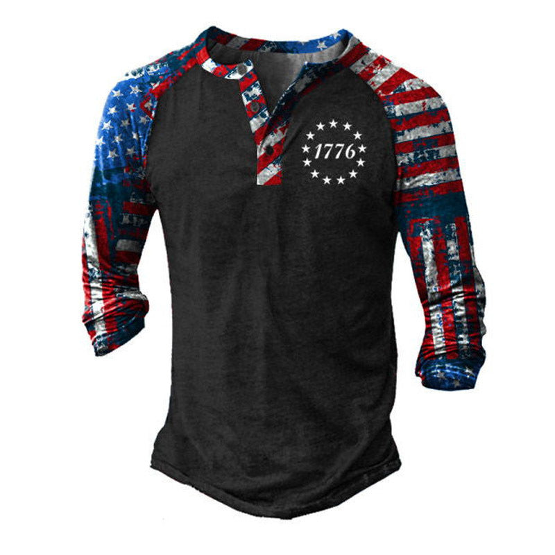 Men's Long Sleeve Henley T-Shirt with Creative Print and Stylish Button Closure Lisslune