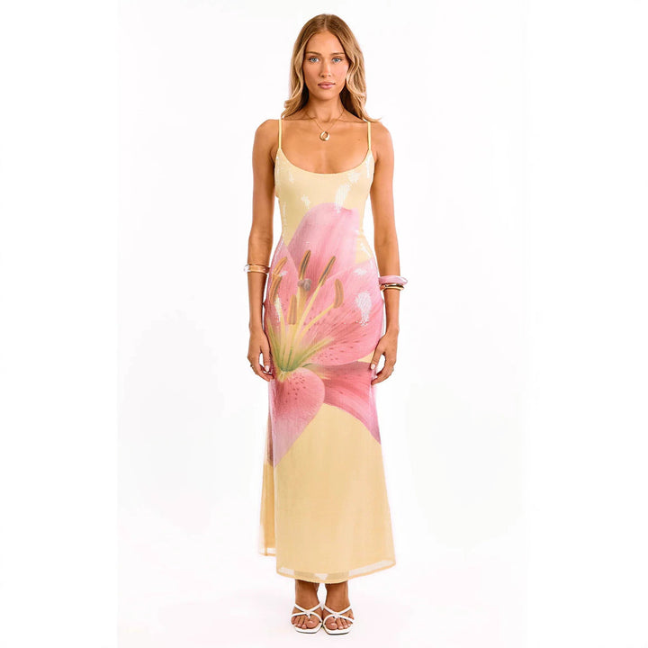 Women’s Maxi Dress with Floral Accents and Glamorous Glitter Fabric
