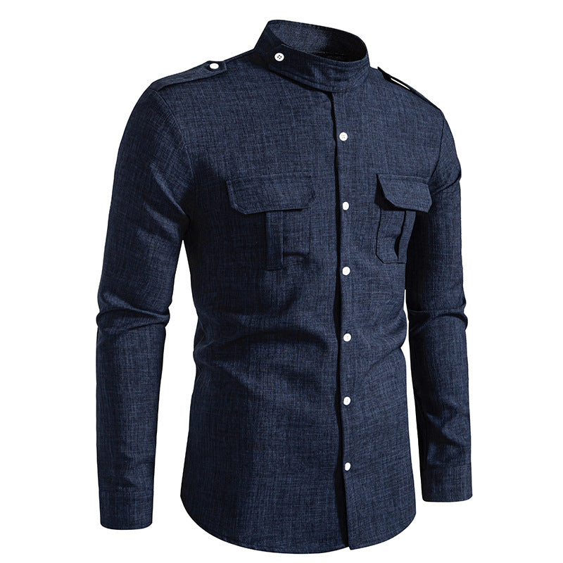 Men's long-sleeved shirt with two practical chest pockets and modern stand-up collar Lisslune