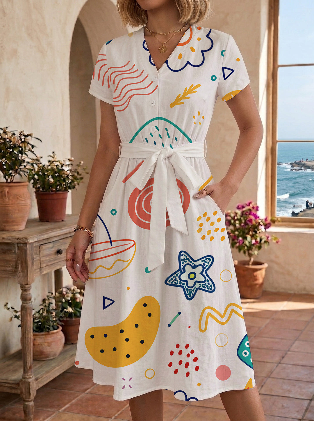 Women’s midi dress with colorful floral design and adjustable tie belt Lisslune