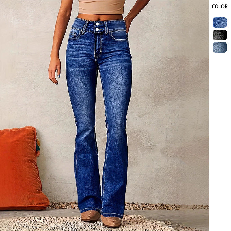Women's High Waist Flared Jeans with Decorative Button Details and Figure-Flattering Cut