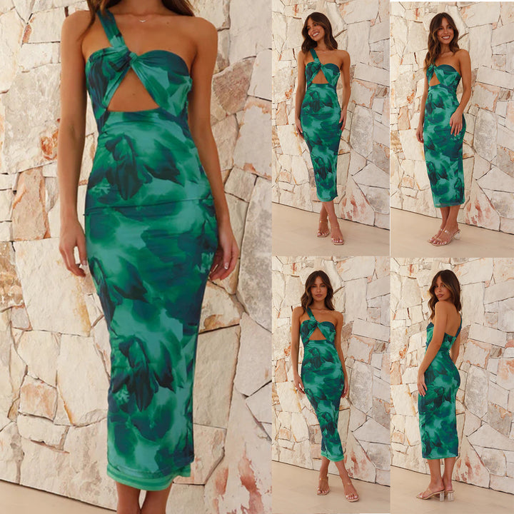 Women's midi dress with asymmetrical cut and playful cut-out design