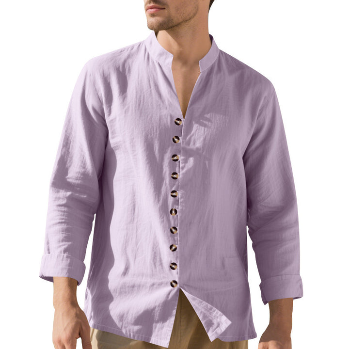 Men's casual long-sleeve shirt with elegant stand collar and chic button details Lisslune
