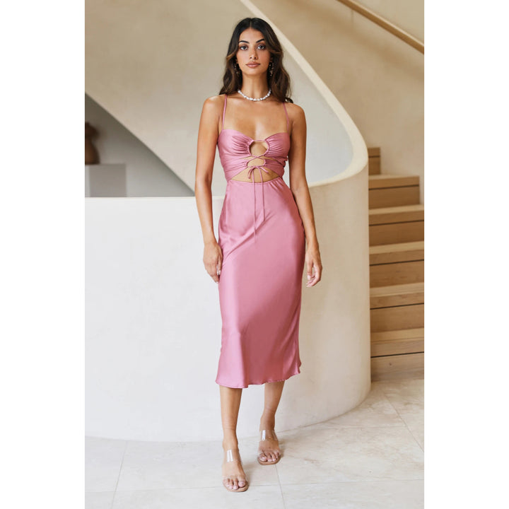 Women's midi dress with exciting keyhole neckline and flowing satin material