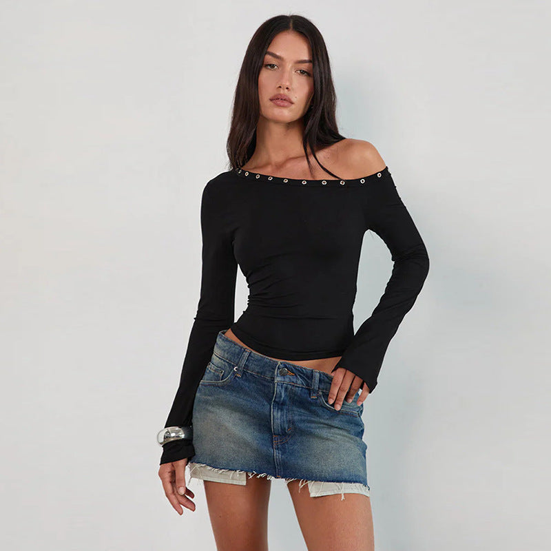 Women's Off-Shoulder Top with Fashionable Buttons and Figure-Hugging Cut