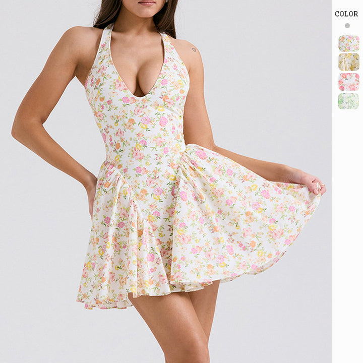Women's leisure dress with deep V-neck and playful skirt part