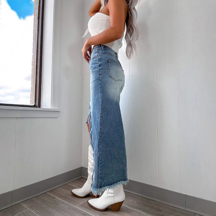 Women's mid-length denim skirt with partially frayed hem and high slit Lisslune