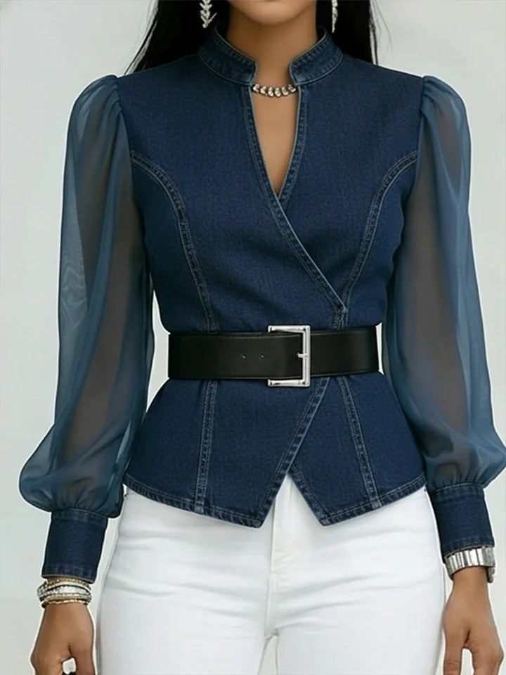 Women’s jeans blouse with transparent sleeves and tailored design Lisslune