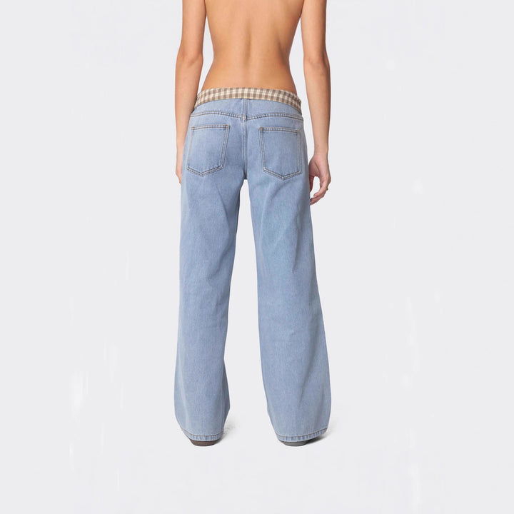 Damen Weite Jeans mit kariertem Bund Lisslune